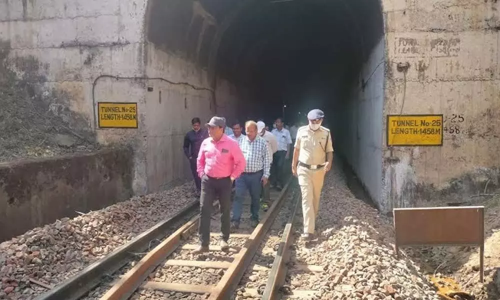 DRM Anup Satpathy inspecting railway track in Waltair Division on Tuesday.