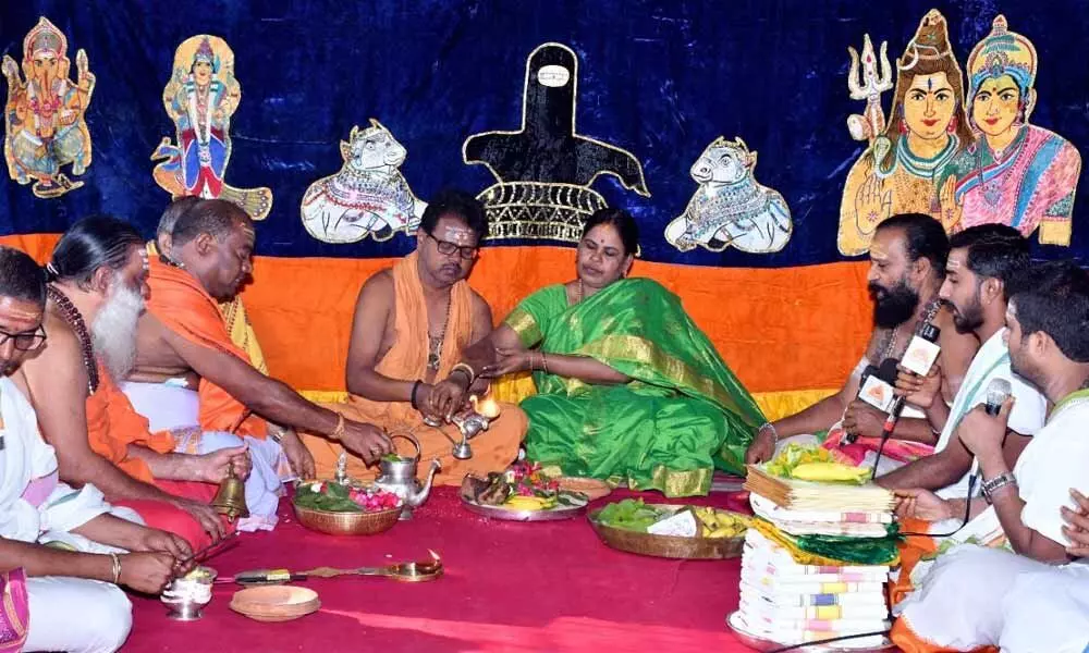 Temple EO  S Lavanna taking part in Puja on the first day of Sivaratri Brahmotsavams at Srisailam on Tuesday