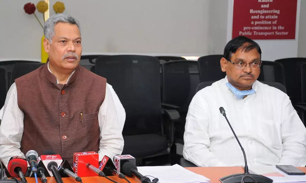 APSRTC vice-chairman and managing director  Ch Dwaraka Tirumaka Rao and officials addressing the press conference at RTC Bhavan in Vijayawada on Tuesday