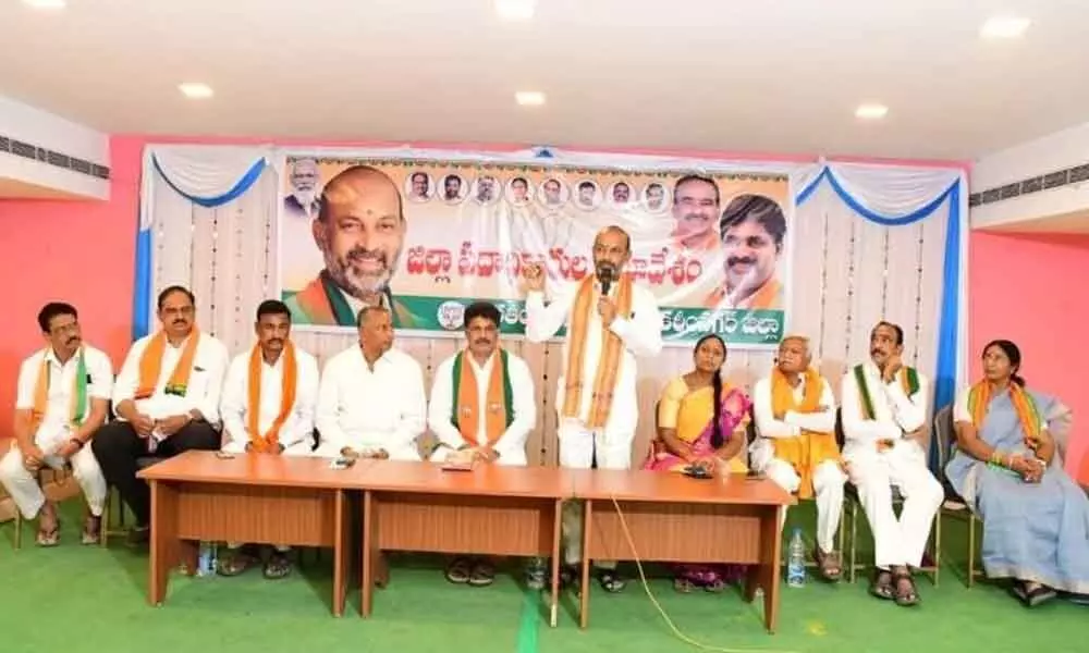 State BJP chief Bandi Sanjay Kumar speaking at the party meeting in Karimnagar on Tuesday