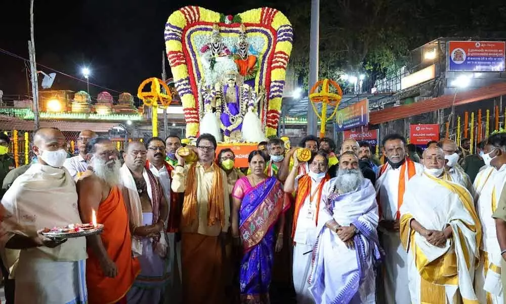 Brungi Vahana seva organised to the presiding deities Lord Mallikarjuna Swamy and Goddess Brahmarambika Devi at Akka Maha Devi Alankara Mandapam in Srisailam on Wednesday.