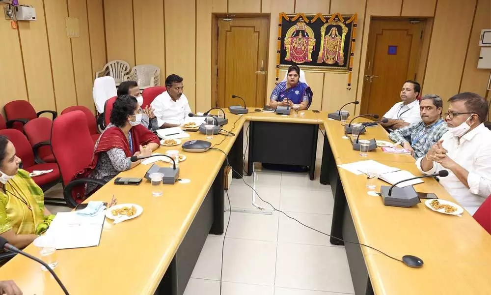 TTD Joint Executive Officer Sada Bhargavi holding a meeting on ‘Protection of TTD landed properties in various States’ with officials in Tirupati on Wednesday