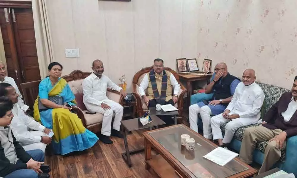 A delegation of BJP leaders, led by State unit president Bandi Sanjay, meets party in- charge Tarun Chugh in Delhi