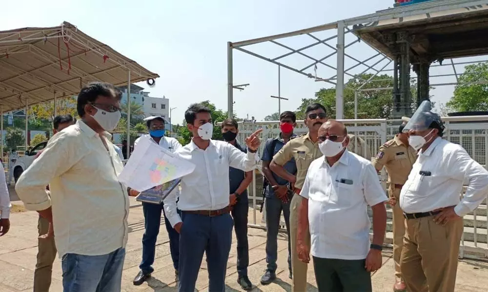 District Collector D Anudeep along with officers and temple staff inspecting Midhila Stadium, the venue for Lord Rama Kalyanam (celestial wedding) on April 10 during the Bramotsavalu, in Bhadrachalam on Friday