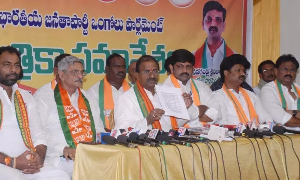 BJP State president Somu Veerraju speaking at a press meet in Ongole on Friday
