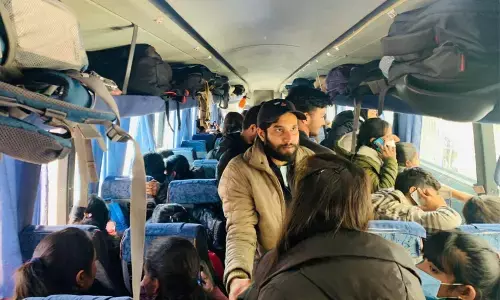 The Telugu students traveling in one bus with luggage from their respective universities in Ukraine on Friday