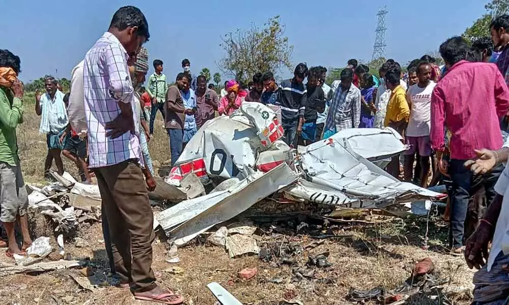 Mangled remains of an aircraft after it crashed at Tungaturthy village in Nalgonda district on Saturday