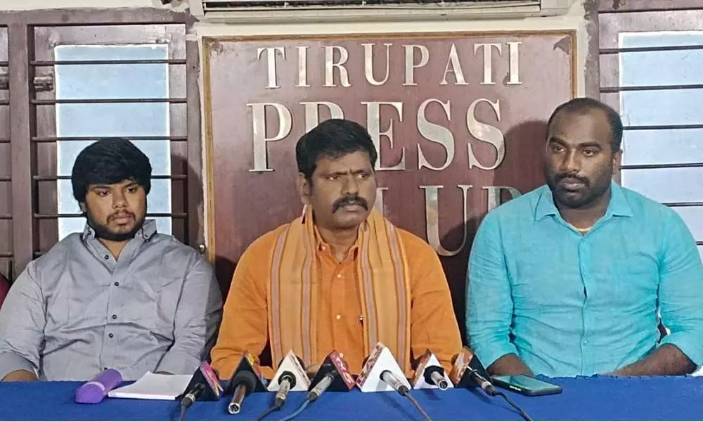 BJP state spokesperson Samanchi Srinivas addressing media persons in Tirupati on Saturday