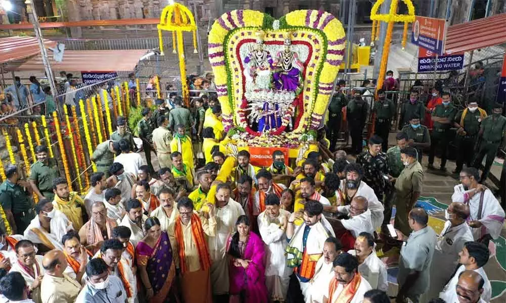 Lord Mallikarjuna Swamy and Goddess Bramarambika Devi taken in a procession on Ravana Vahana at Srisailam temple on Saturday