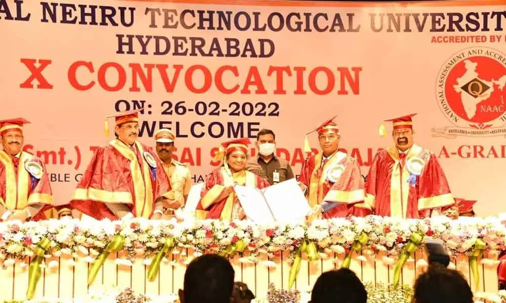 Telangana Governor Tamilisai Soundararajan attends JNTU-H convocation in Hyderabad  on Saturday