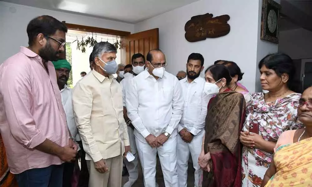 TDP national president N Chandrababu Naidu consoles the family members of Yadlapati Venkata Rao, in Hyderabad on Monday