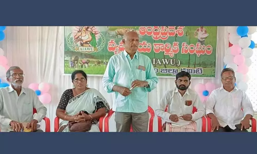 APVKS state president D Subba Rao speaking at a meeting in Srikakulam on Monday