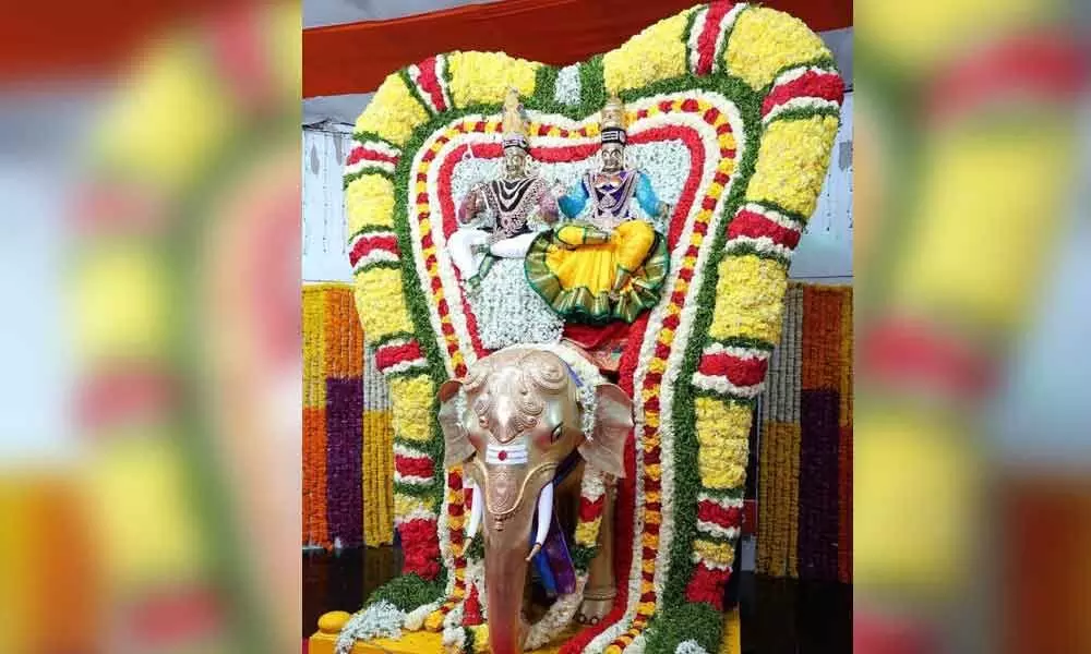 Temple authorities take Lord Mallikarjuna Swamy and Bramarambika Devi on Gaja Vahana as part of Maha Sivaratri Brahmotsavams in Srisailam on Monday.