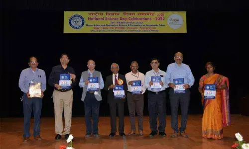 Dignitaries releasing Hindi magazine ‘Manthan’ at NSTL in Visakhapatnam on Monday