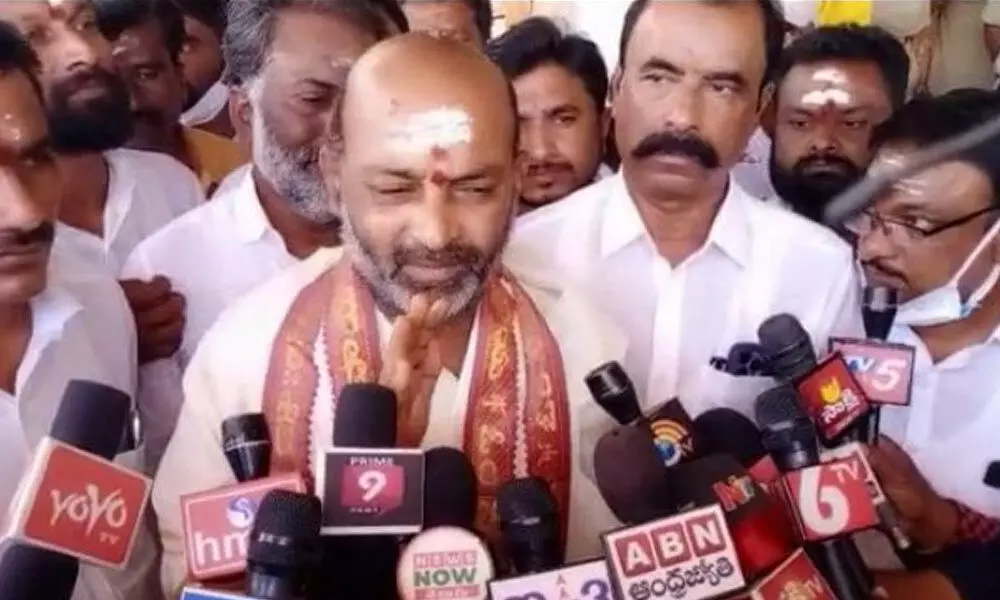 State BJP MP Bandi Sanjay Kumar speaking to media persons at Vemulawada in Sircilla district on Tuesday