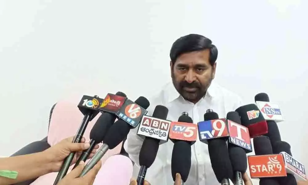 Minister Jagadish Reddy speaking to media persons in Suryapet on Tuesday