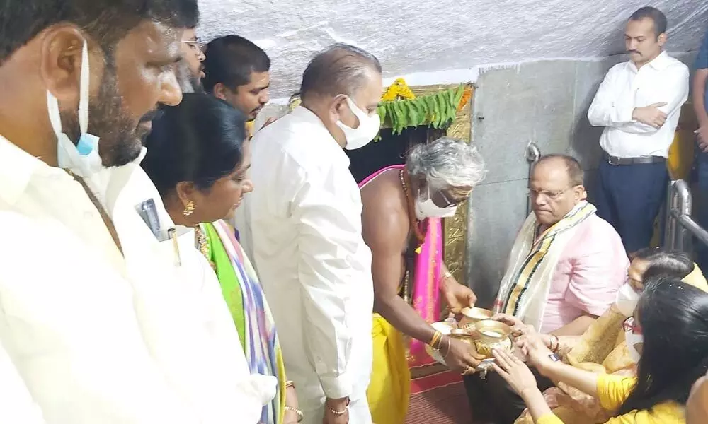 Chief Secretary Somesh Kumar along with his Family members participating in Lord Shiva Abhishekam programme at historic Cheruvugattu temple on Tuesday