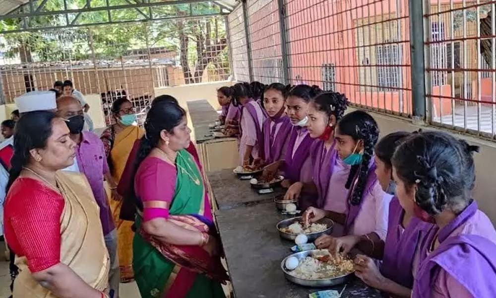 Mayor G Hari Venkata Kumari interacting with the students in Visakhapatnam on Wednesday