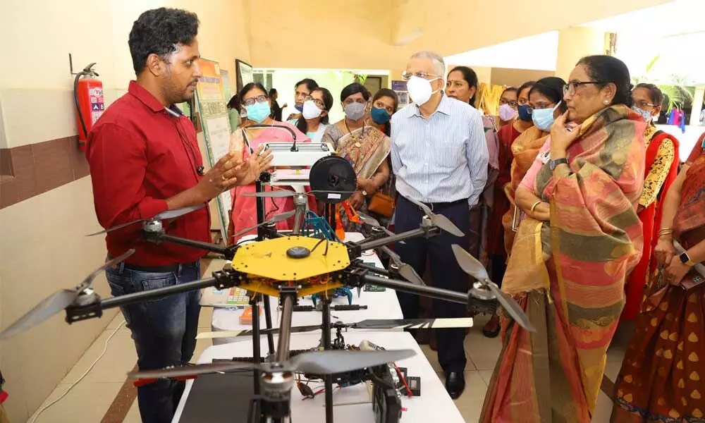 VC D Jamuna inaugurating the exhibition on Technological Innovations and Entrepreneurship Education and Hackathon organised as part of weeklong celebrations of National Science Day, at Sri Padmavathi Mahila University in Tirupati on Wednesday.