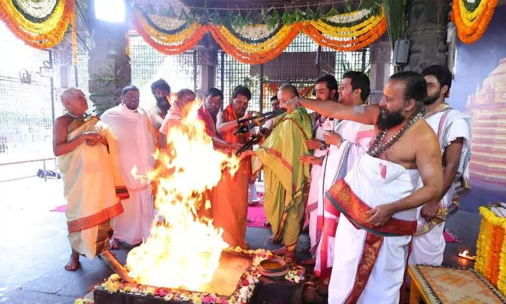 Priests performing Purnahuti at Srisailam temple on Thursday as part of Sivaratri Brahmotsavams
