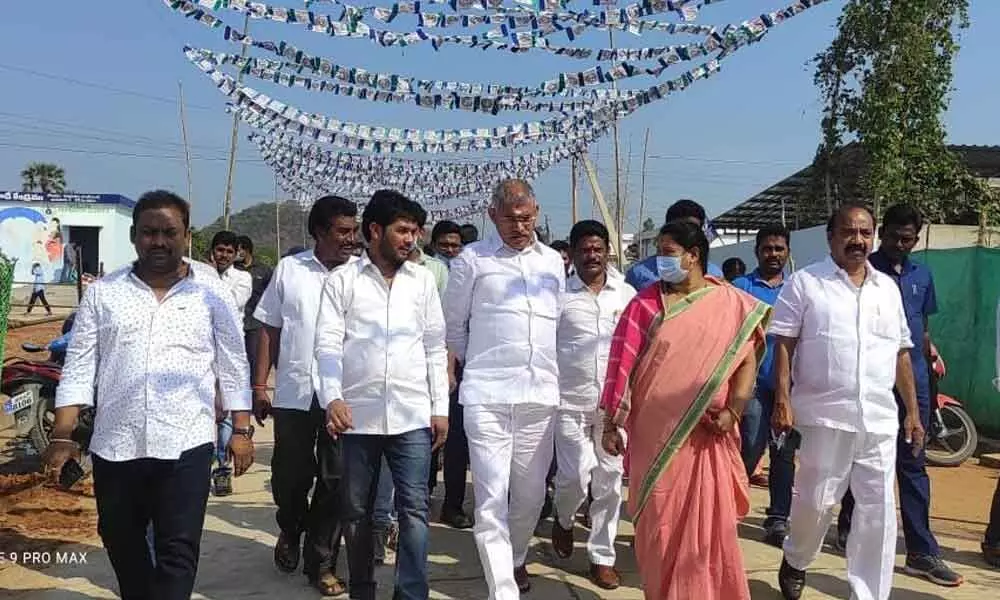 BC Welfare Minister Chelluboina Venu Gopala Krishna checking the arrangements at R&R Colony at Indukurpet, Devipatnam mandal on Thursday