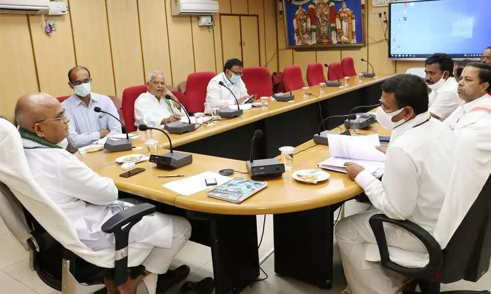 TTD Executive Officer Dr K S Jawahar Reddy holds a meeting with senior officials on completion of the Children Hospital building in Tirupati on Saturday.