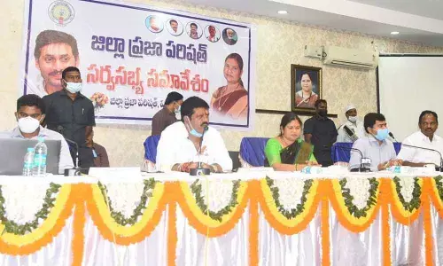 Tourism Minister M Srinivasa Rao speaking at the ZP meeting in Visakhapatnam on Saturday