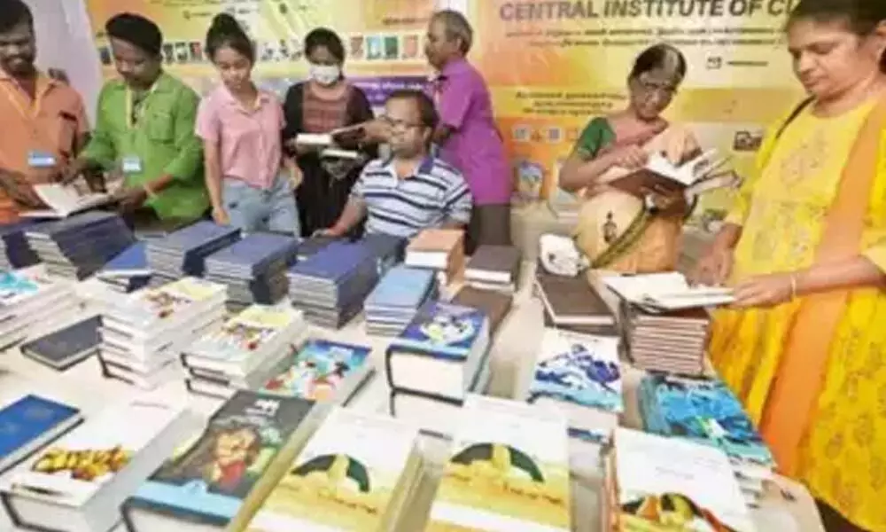 Public throng the Central Instituute of classical Tamil stall at the Chennai Book Fair