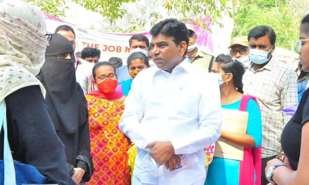 MP Nama Nageswara Rao interacting the women youth during the Job mela progrmme on Sunday at Khammam