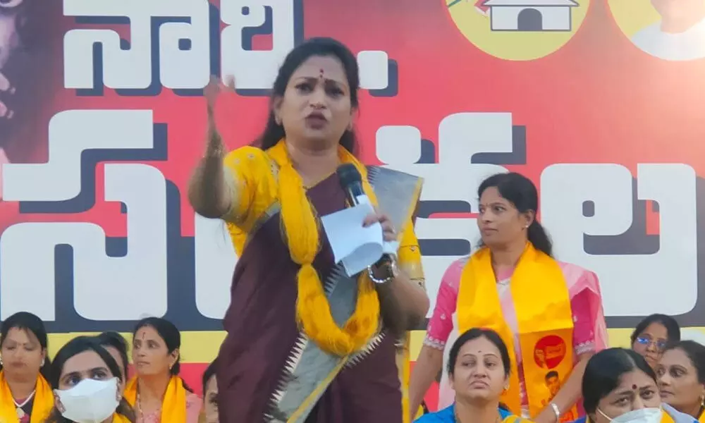 Telugu Mahila president V Anitha addressing Nari Sankalpa Deeksha in Nellore on Sunday