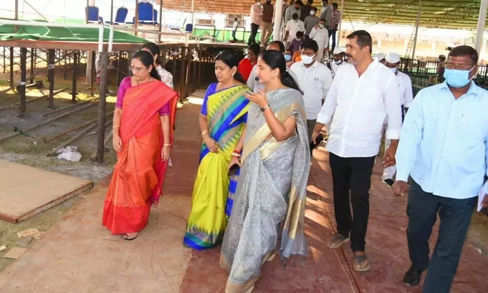 Women and Child Welfare Minister T Vanita inspecting arrangements at IGMC stadium in Vijayawada on Sunday