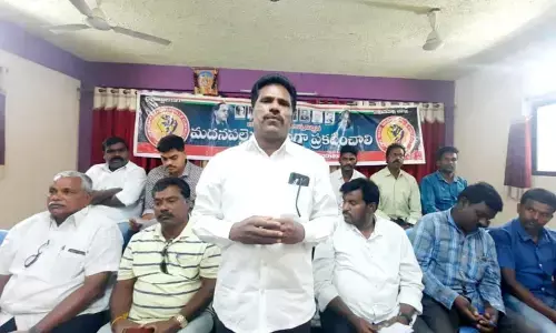 MJSS convenor P T M Siva Prasad and other leaders reviewing the latest developments in Madanapalle on Sunday.