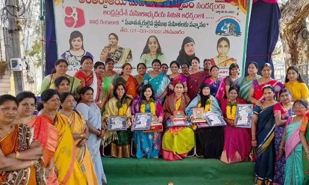 Prominent women from different fields felicitated by AP Mahila Abhyudaya Samithi members as part of International Womens Day celebrations in Ongole on Monday