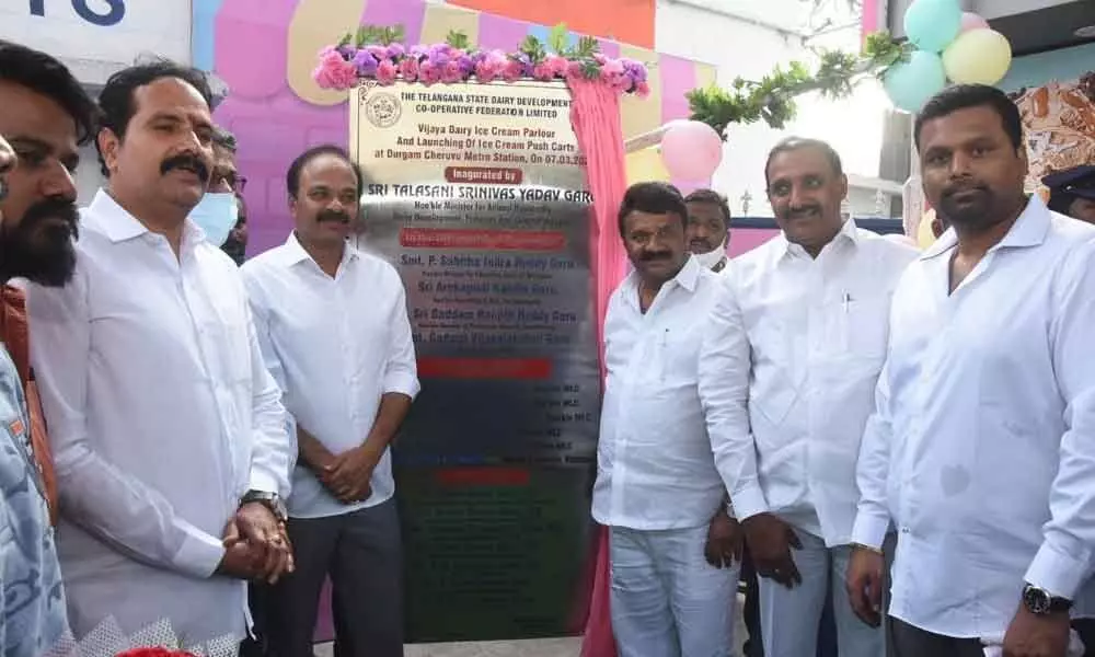Minister Talasani Srinivas Yadav along with Chevella MP Ranjith Reddy inaugurated Telangana Vijaya Dairy Ice Cream Parlour in Madhapur on Monday