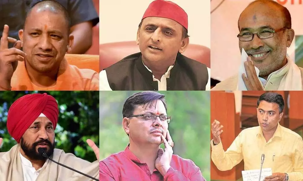 Clockwise from top left: Yogi Adityanath; Akhilesh Yadav; N Biren Singh; Charanjit Singh Channi; Pushkar Singh Dhami; Pramod Sawant