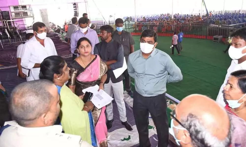 Krishna District Collector J Nivas discussing the arrangements for Women’s Day celebrations with the officials at the IGMC stadium in Vijayawada  on Monday