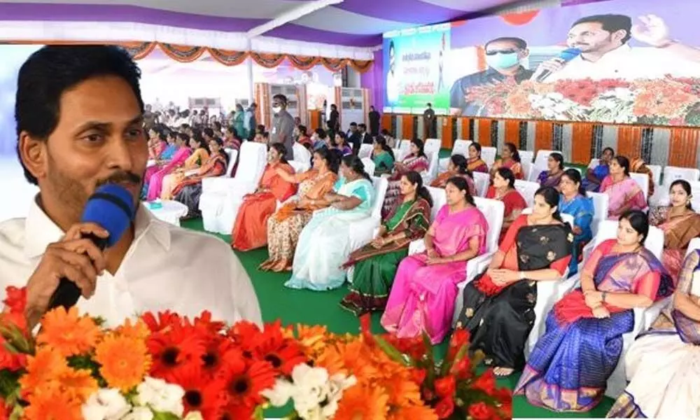 Chief Minister Y S Jagan Mohan Reddy addressing a meeting - Gender Equality Today for a Sustainable Tomorrow - organised on the occasion of International Womens Day at Indira Gandhi Municipal Complex Stadium in Vijayawada on Tuesday