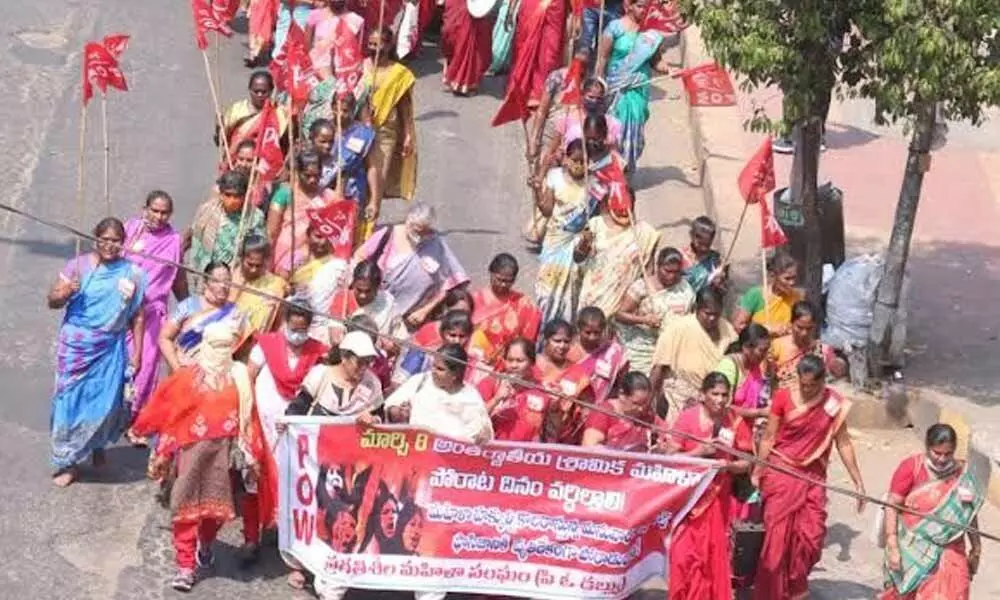 Women activists take out a rally demanding protection of their rights on IWD in Visakhapatnam on Tuesday