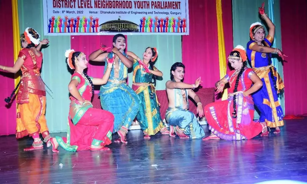 Cultural programme at the district-level Neighbourhood Youth Parliament programme at Dhanekula Institute of Engineering and Technology in Vijayawada on Tuesday
