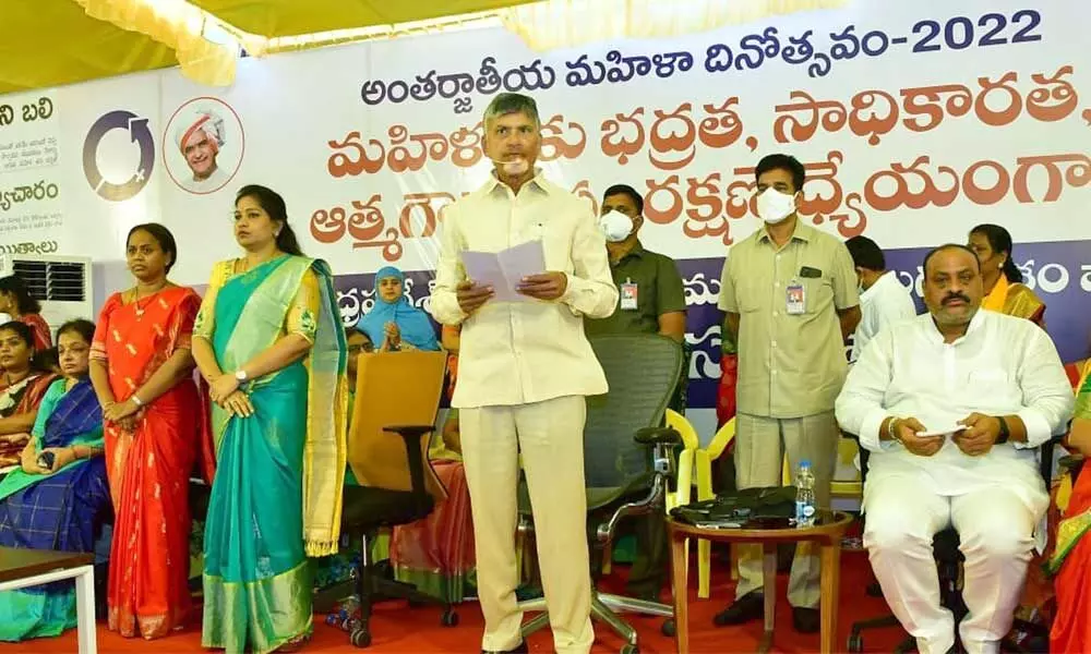 TDP national president N Chandrababu Naidu addressing the  International Womens Day celebration at party office in Mangalagiri on Tuesday. Party state president K Atchannaidu and womens wing chief V Anitha and others are also seen.