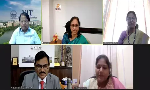 Padmaja Chunduru, Managing Director-cum-CEO of National Securities Depository Limited (NSDL) virtually addressing from Mumbai a meeting at VIT-AP University premises in Inavolu on Tuesday