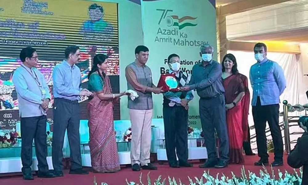(From left) Director of Public Health Dr T S Selvavinayagam receiving the award on behalf of E Tharani, in New Delhi on Tuesday.
