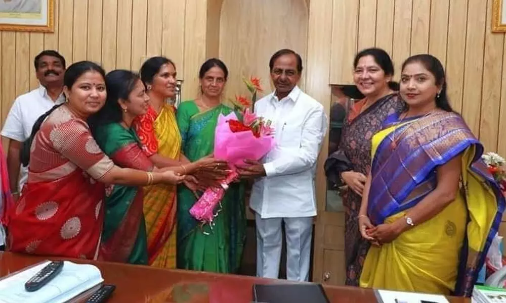 Education Minister Sabitha Indra Reddy, Women and Child Welfare Minister Satyavathi Rathod and other meeting Chief Minister K Chandrashekar Rao on Wednesday