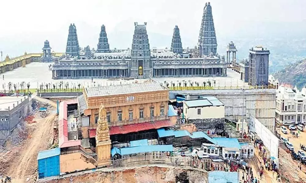 Balalayam (in reddish brown color) and revived Yadadri main temple (at back) to be opened on March 28