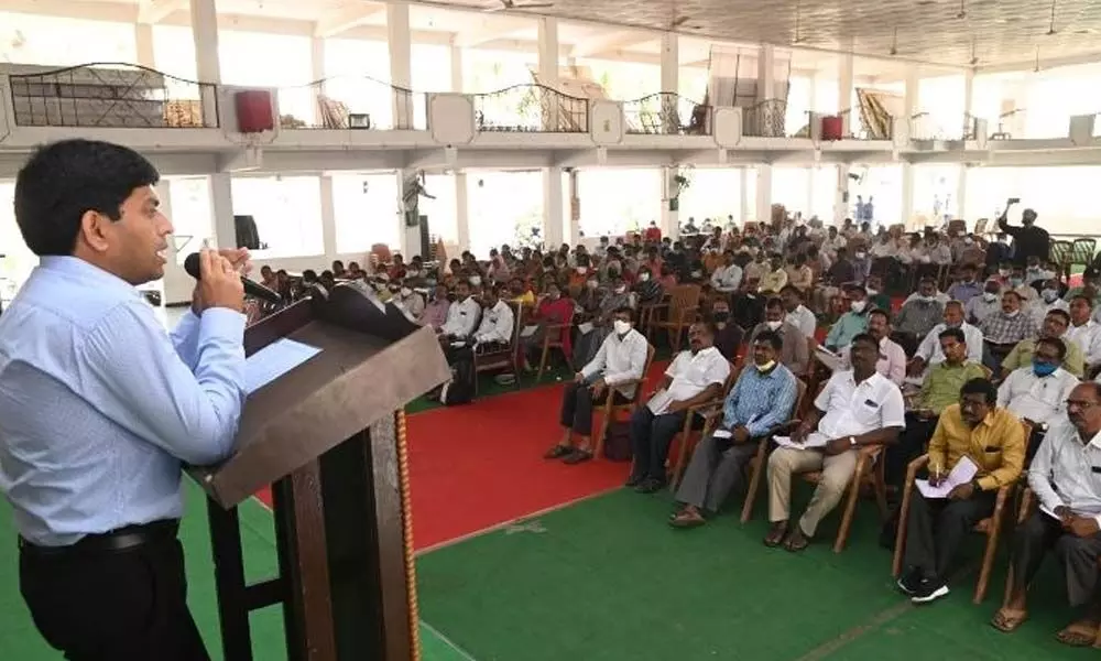Collector G Ravi speaking at a teachers meeting at Jagtial on Friday.