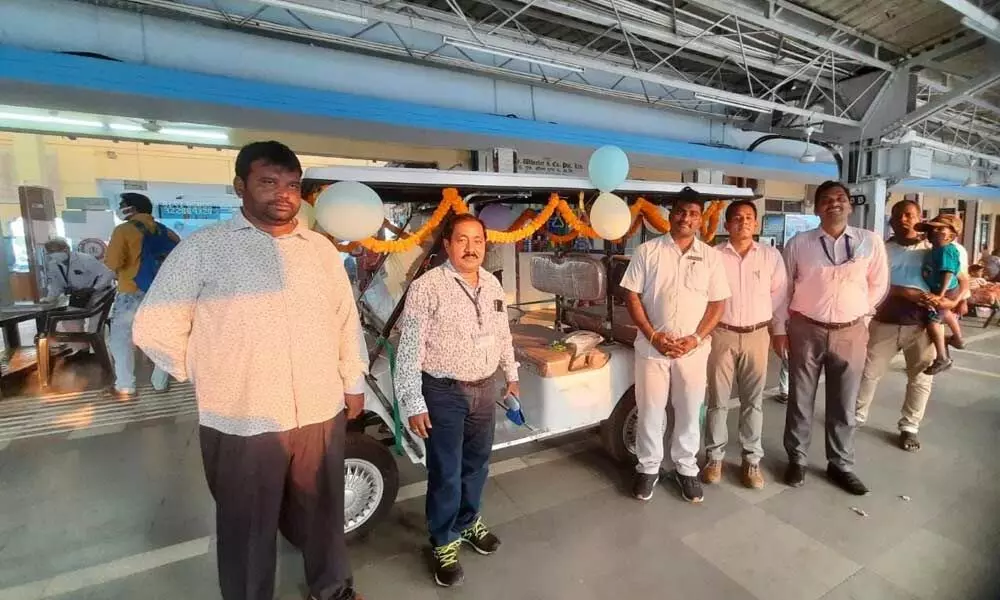 Assistant commercial manager GD Sarkar launching battery car at Vizianagaram railway station on Friday