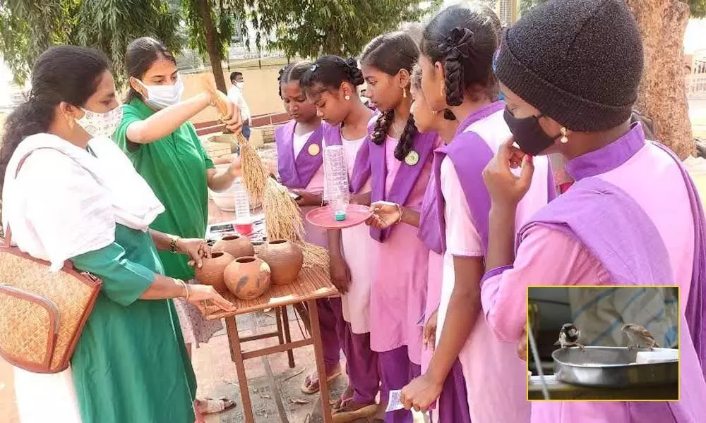 Campaign: Volunteers creating awareness among school students about making a bird feeder