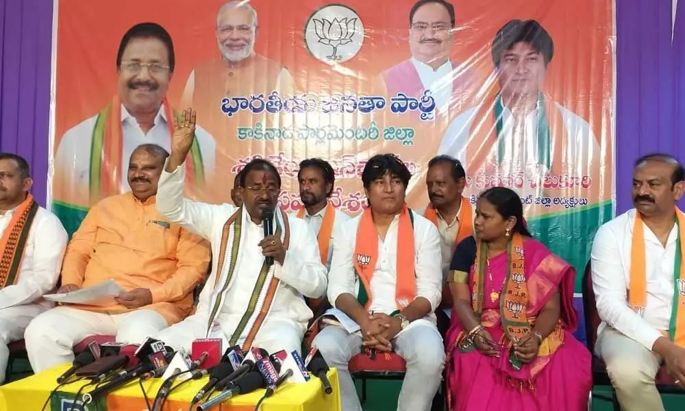 BJP State president Somu Veerraju addressing a press meet in Kakinada on Friday