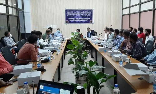 MP and Airport Advisory Committee Chairman MVV Satyanarayana discussing with the committee members at the half-yearly meeting at the airport in Visakhapatnam on Saturday