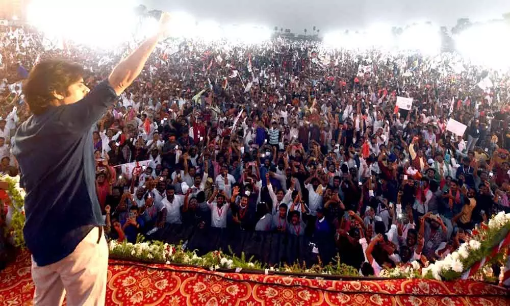 Jana Sena president Pawan Kalyan addressing a large gathering on the occasion of the 9th Formation Day of the party at Ippatam in Guntur district on Monday
